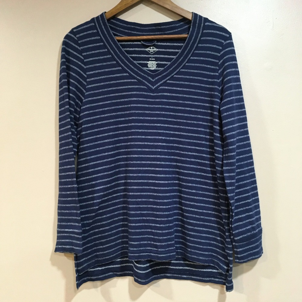 St. John's Bay 100% Cotton Long Sleeve Top Womens L Blue Stripe Nautical Classic